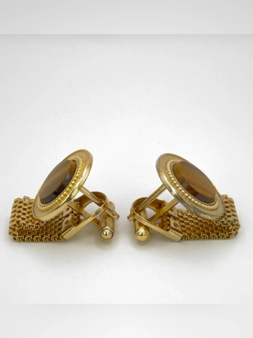 Vintage Gold Tone Men's Wrap Around Cufflinks with Brown Tiger's Eye Center